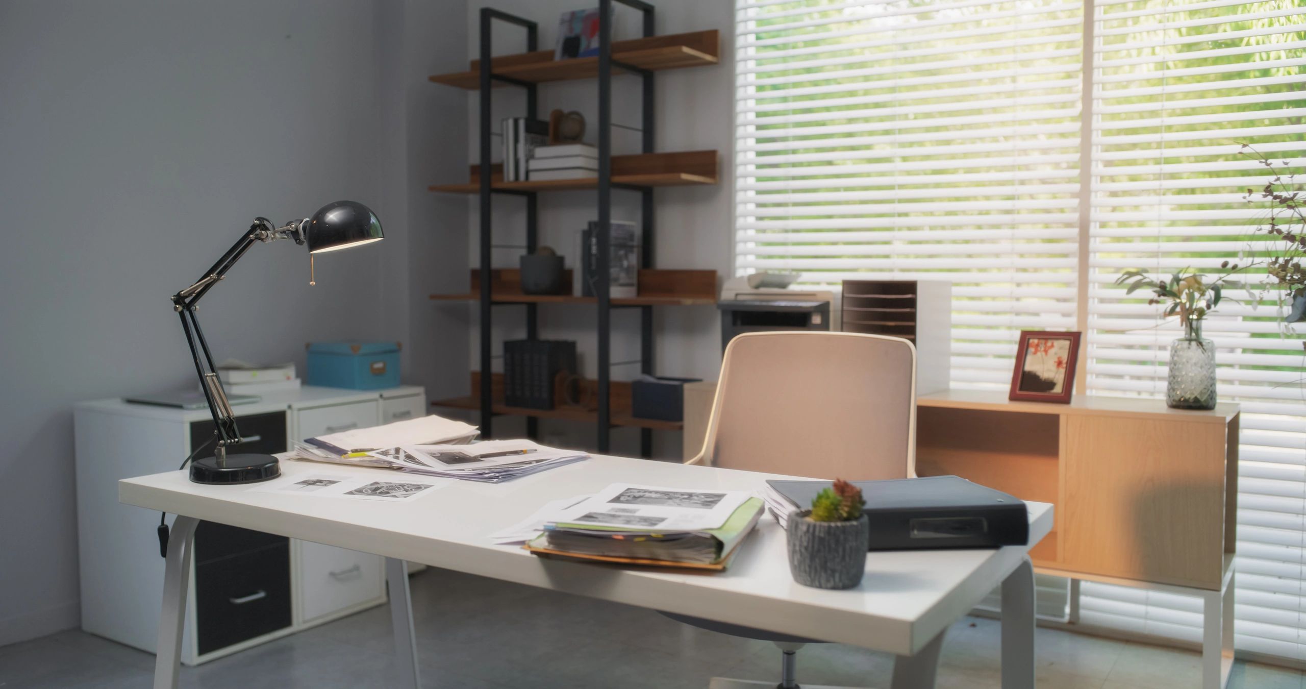 Modern home office desk in soft morning light